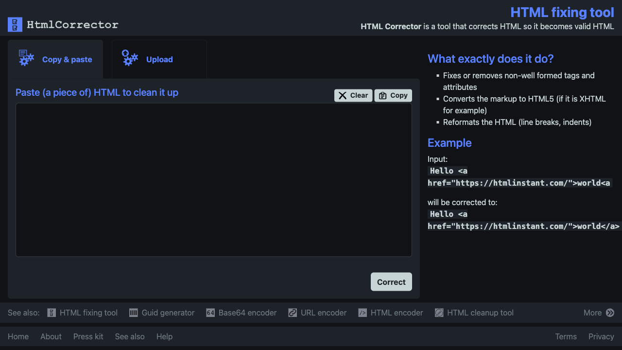 Screenshot of Html Corrector, www.htmlcorrector.com